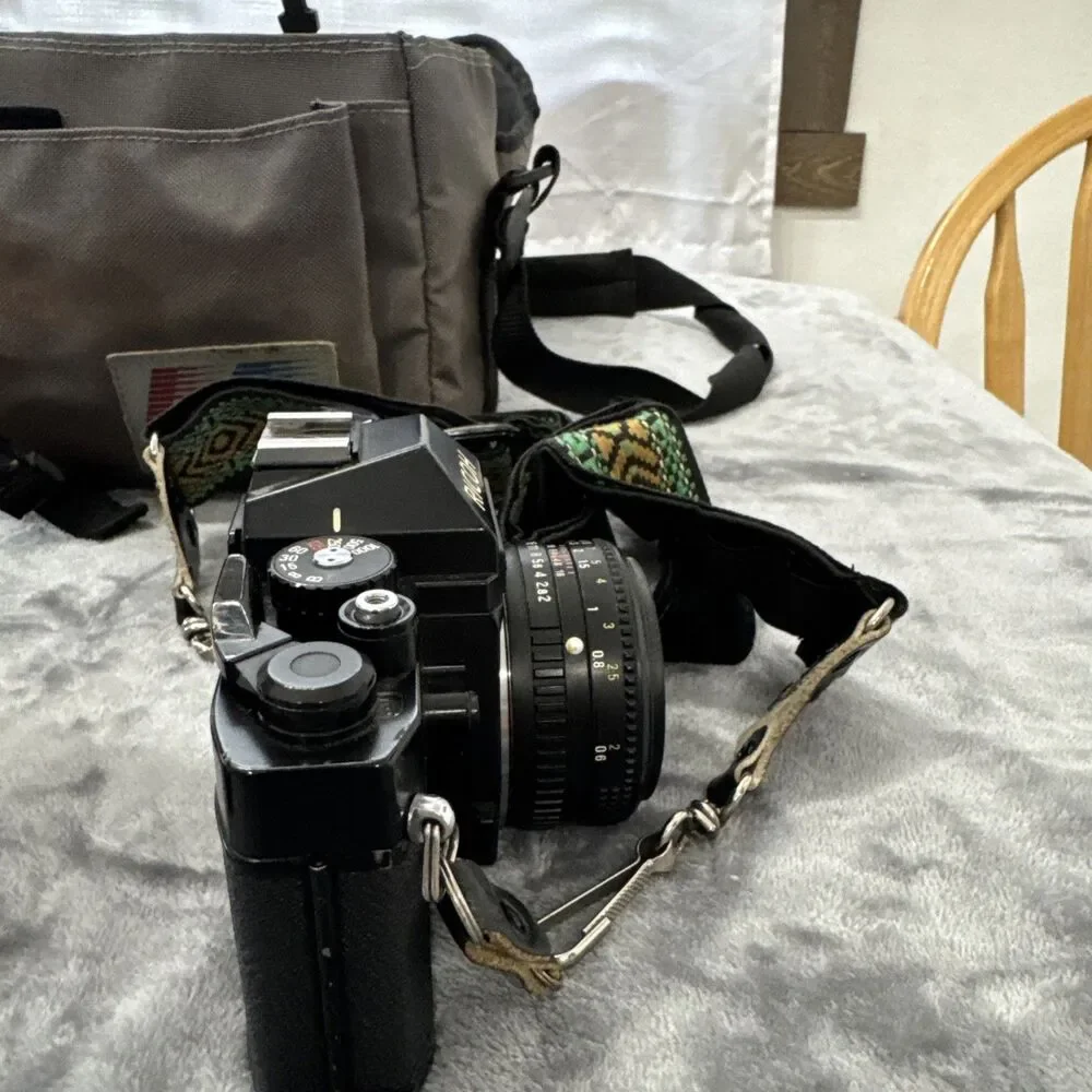 Ricoh KR-5 Film camera with lenses, flash, lens case, and camera bag.tested